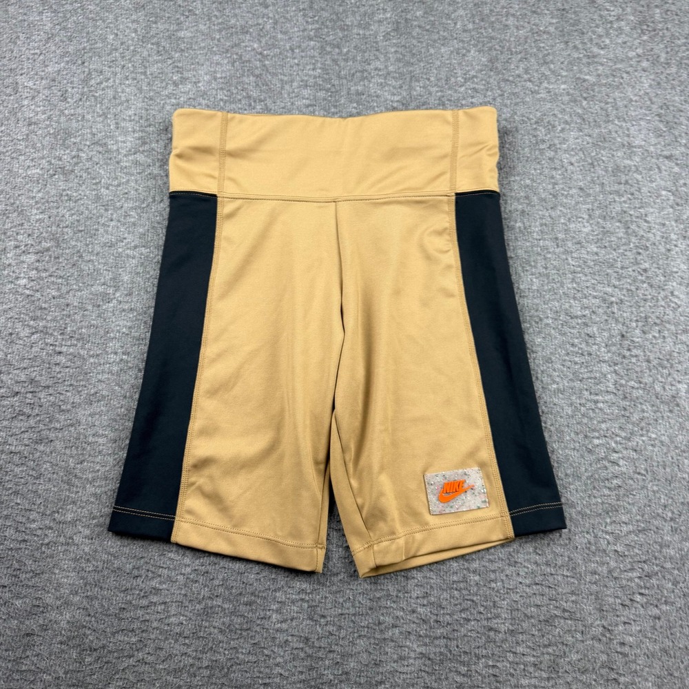 Nike Dri-FIT Womens Biker Shorts Tan Black High Waist Zip Pocket Small 202201190